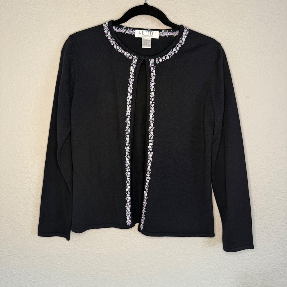Vintage Small Black Floral Rose Embroidered Cardigan Coquette Romantic Soft Girl